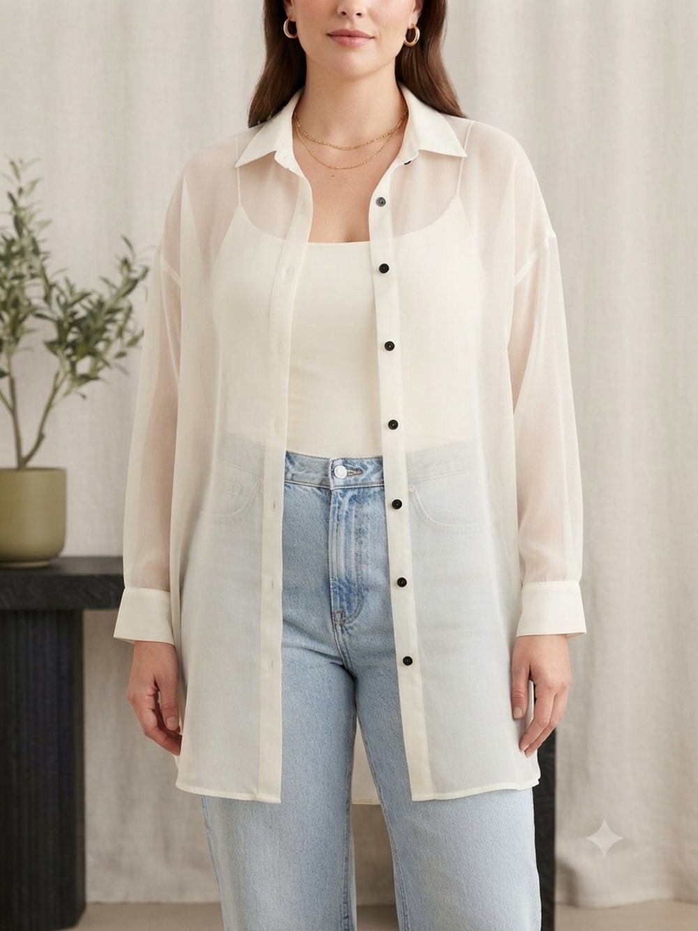 SHEIN Sheer Longline Button-Down Shirt in Cream